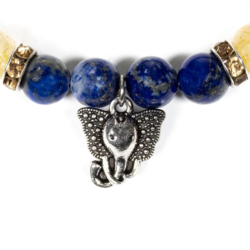 Bracelet élastique, perles Lapis Lazuli et Quartz rutile + Ganesh